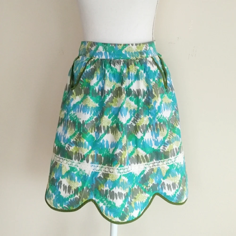 Vintage Handmade Half Tie Back Apron With Pockets 1960s Blue and Green Print